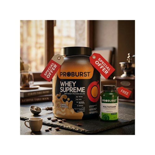 PROBURST Whey Supreme Protein Powder, Coffee Flavour, 2 kg + Free Multivitamin Capsule
