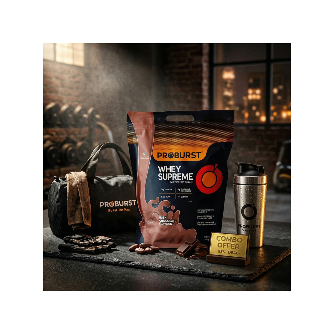 Bahubali Combo :Proburst Whey Supreme 4KG + Steel Shaker + Gym Bag